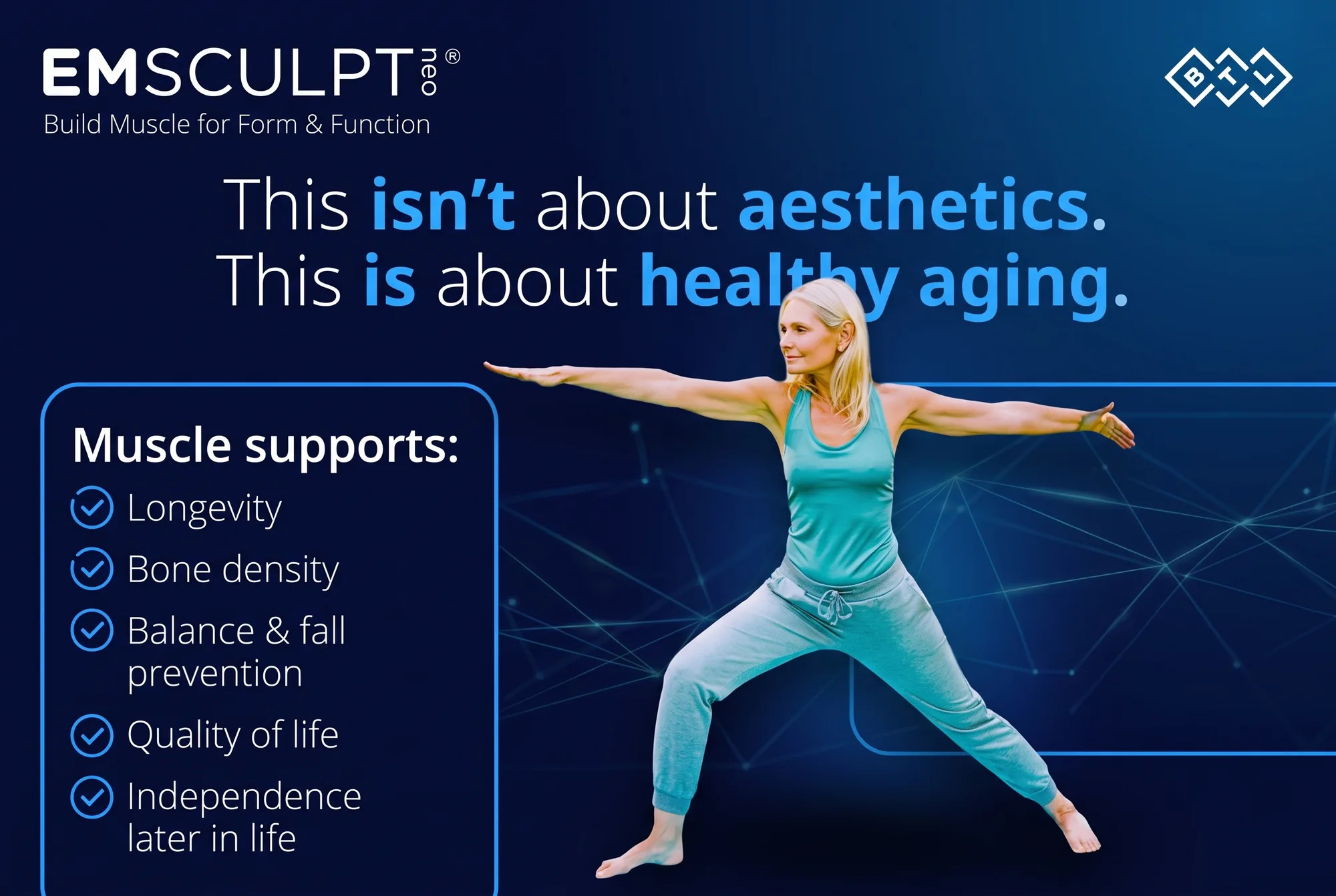 Manufacturer promotional image for Emsculpt NEO showing a woman in a standing exercise pose.