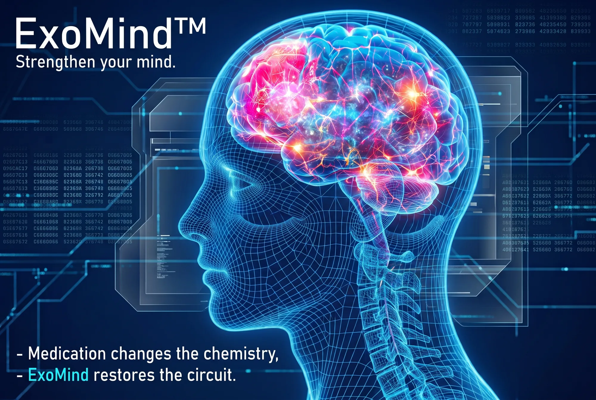 Manufacturer promotional image for ExoMind showing an illustrated head and brain in profile.